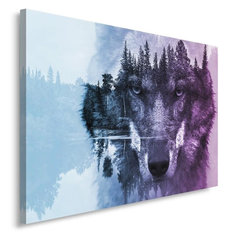 Canvas print, Wolf in the forest - purple modern