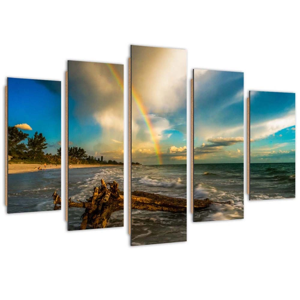 Five piece picture deco panel, Rainbow over the beach