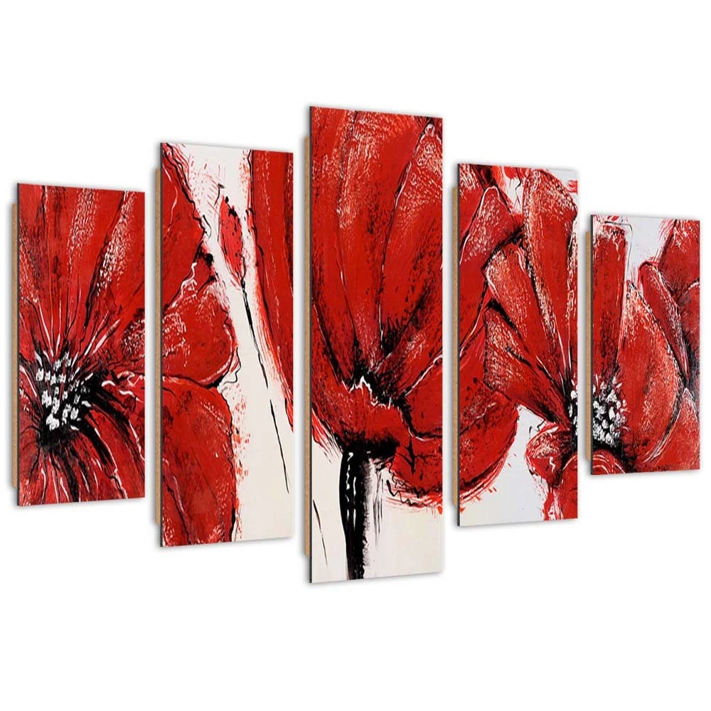 Five piece picture deco panel, Red flowers