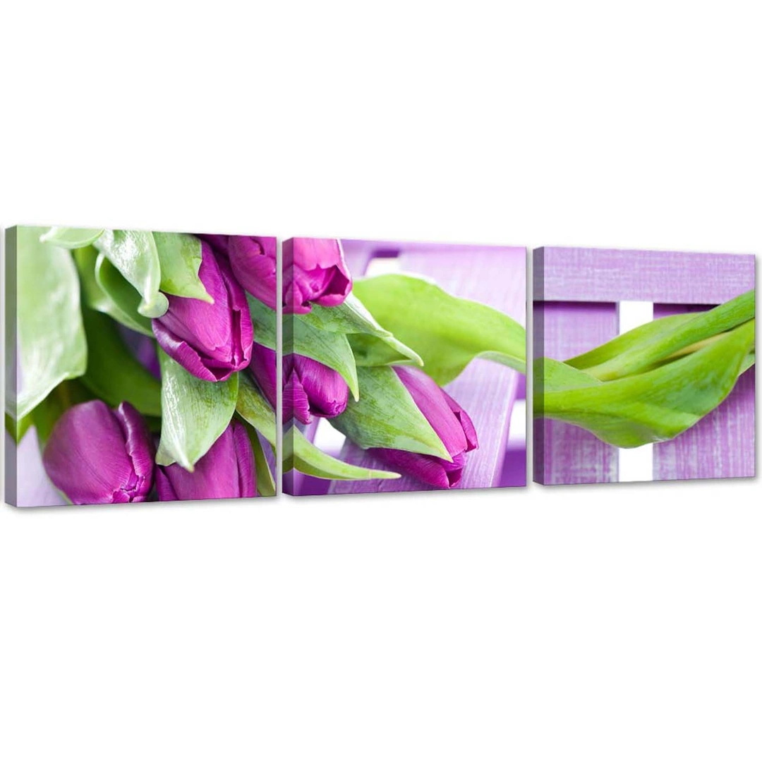 Set of three pictures canvas print, Purple tulips in a bouquet