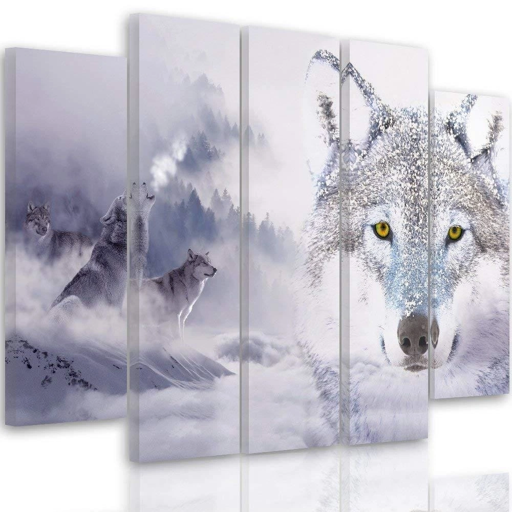 Five piece picture canvas print, Wild boar in the snow