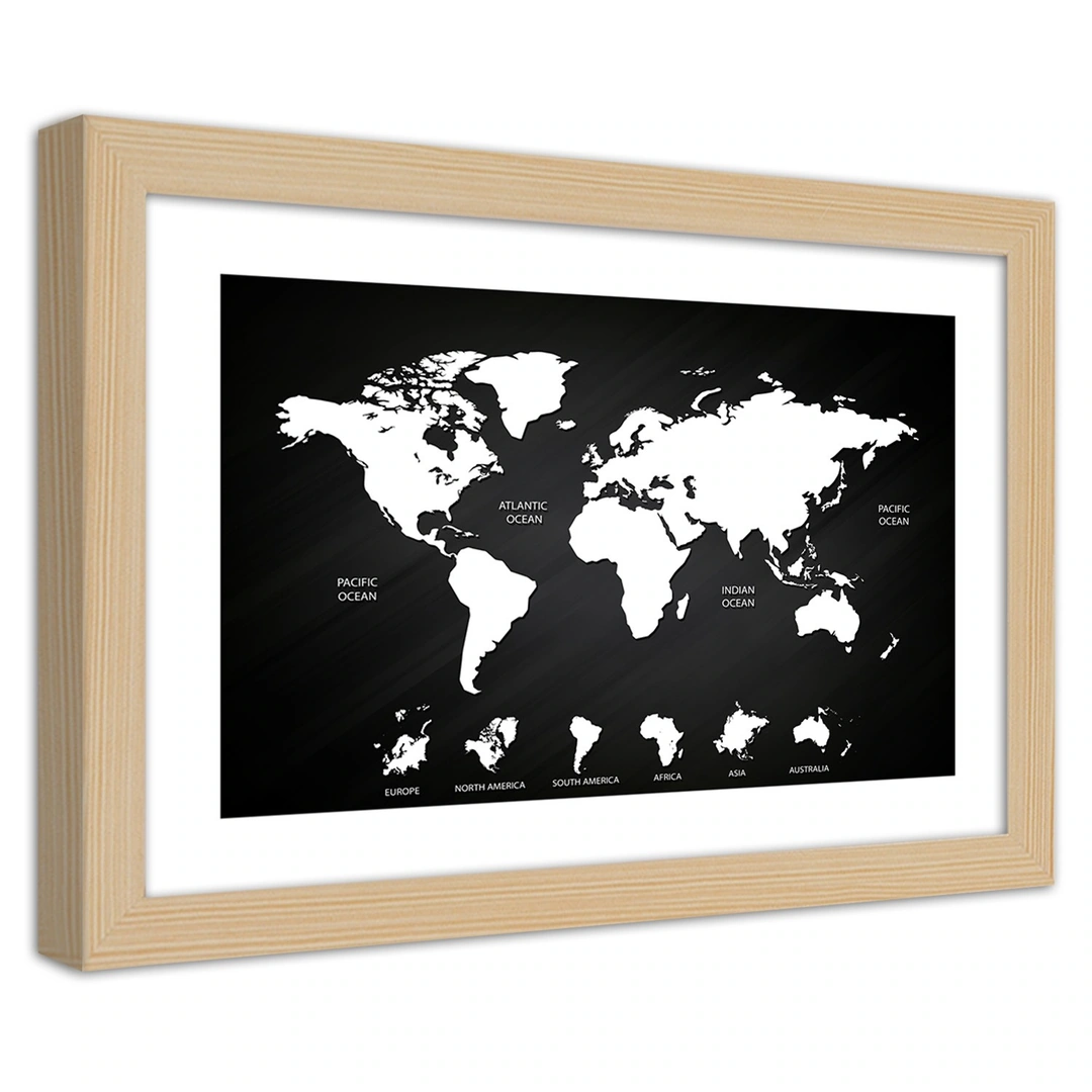 Picture in frame, Contrasting world map and continents