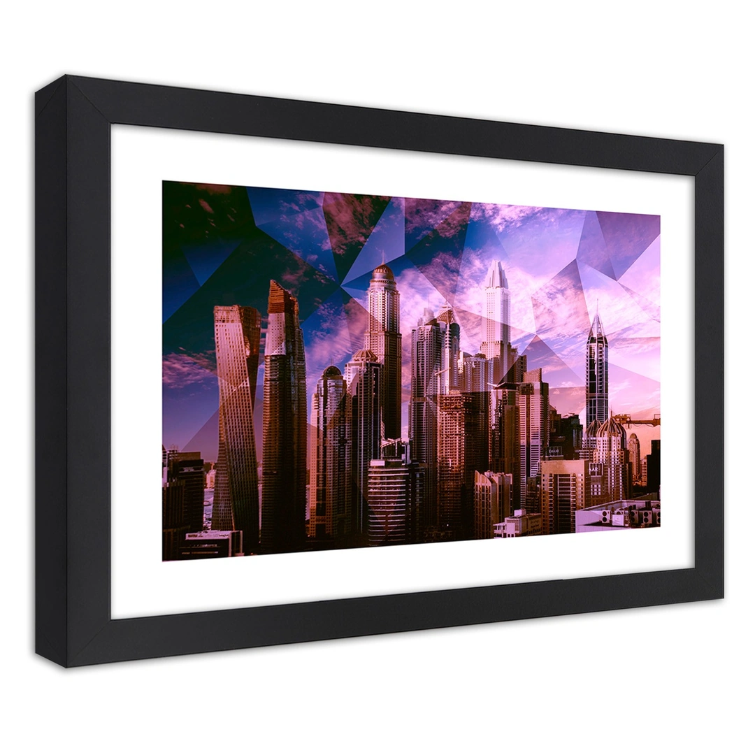 Picture in frame, Geometric city in purple