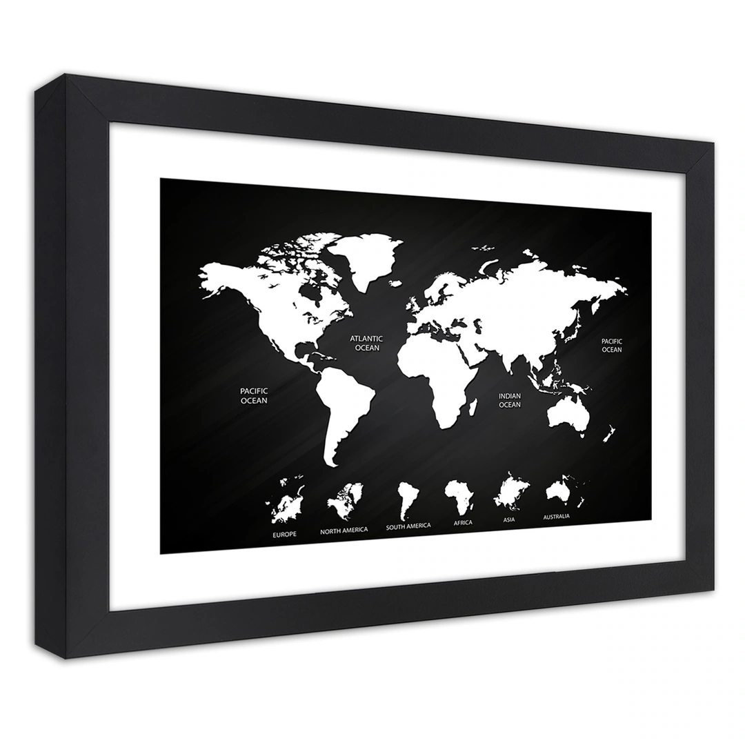 Picture in frame, Contrasting world map and continents