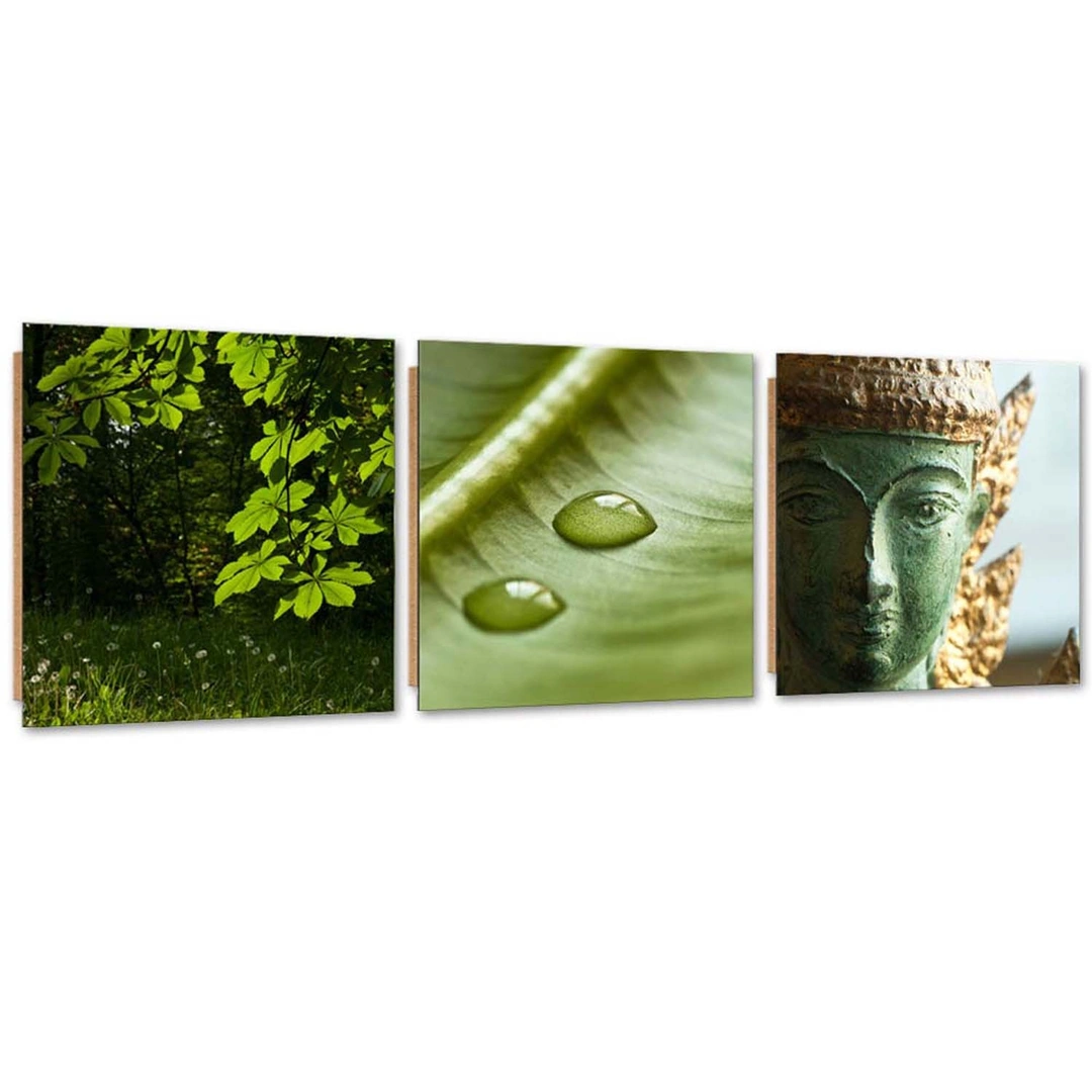 Set of three pictures deco panel, Green leaves and buddha