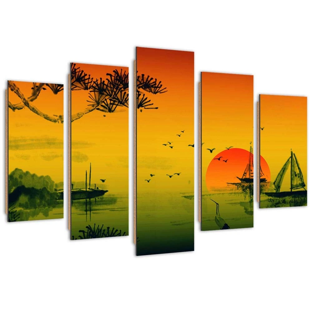 Five piece picture deco panel, Sunset over japan