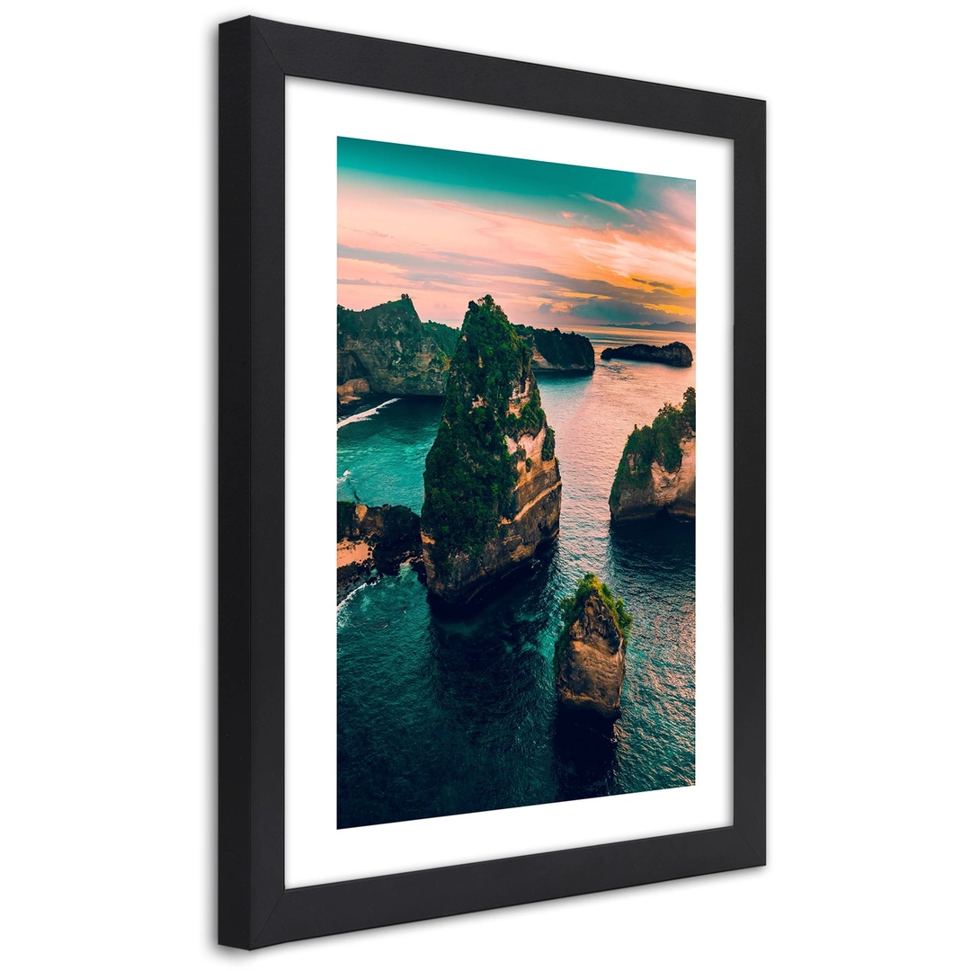 Picture in frame, Rocks in the turquoise ocean