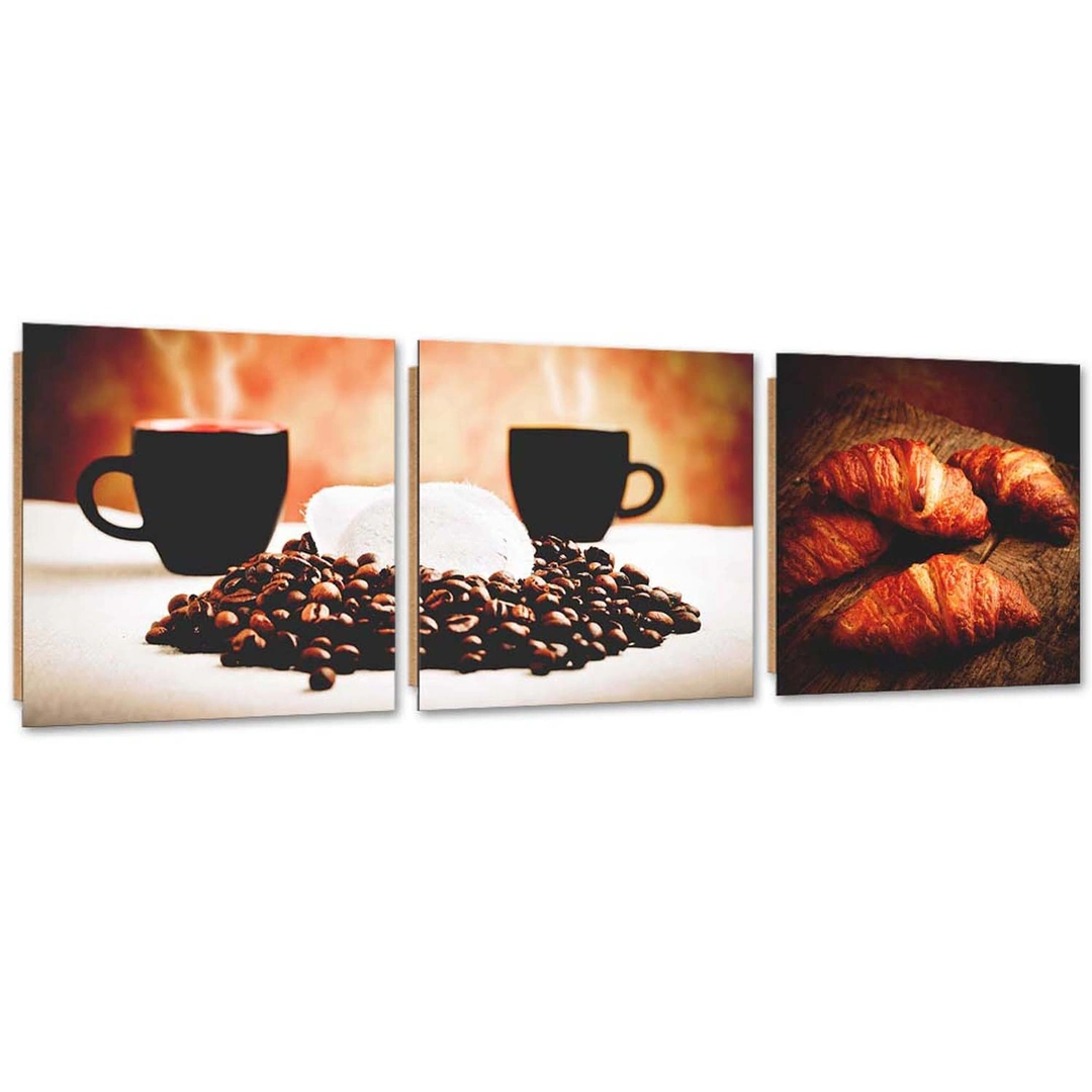 Set of three pictures deco panel, Coffee and croissants