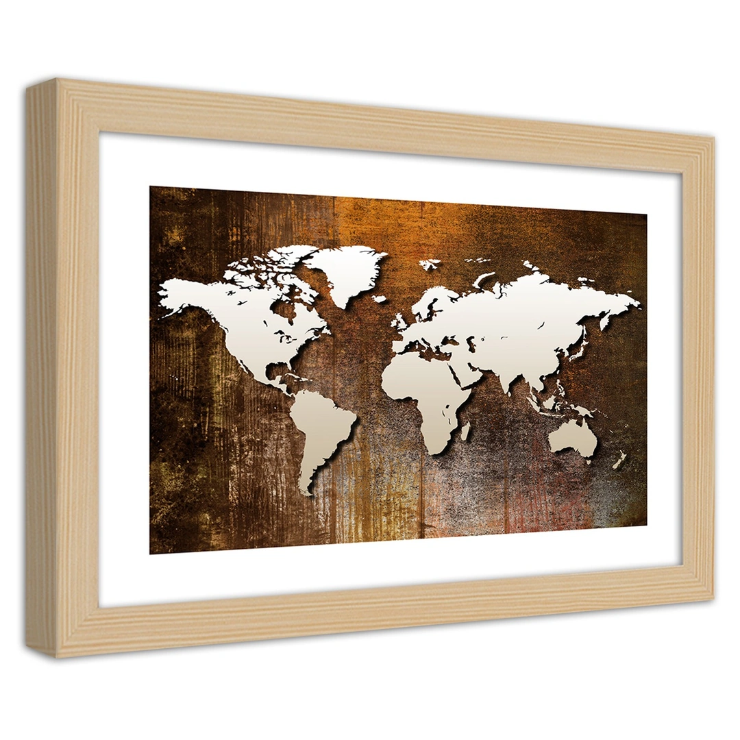 Picture in frame, World map on wood