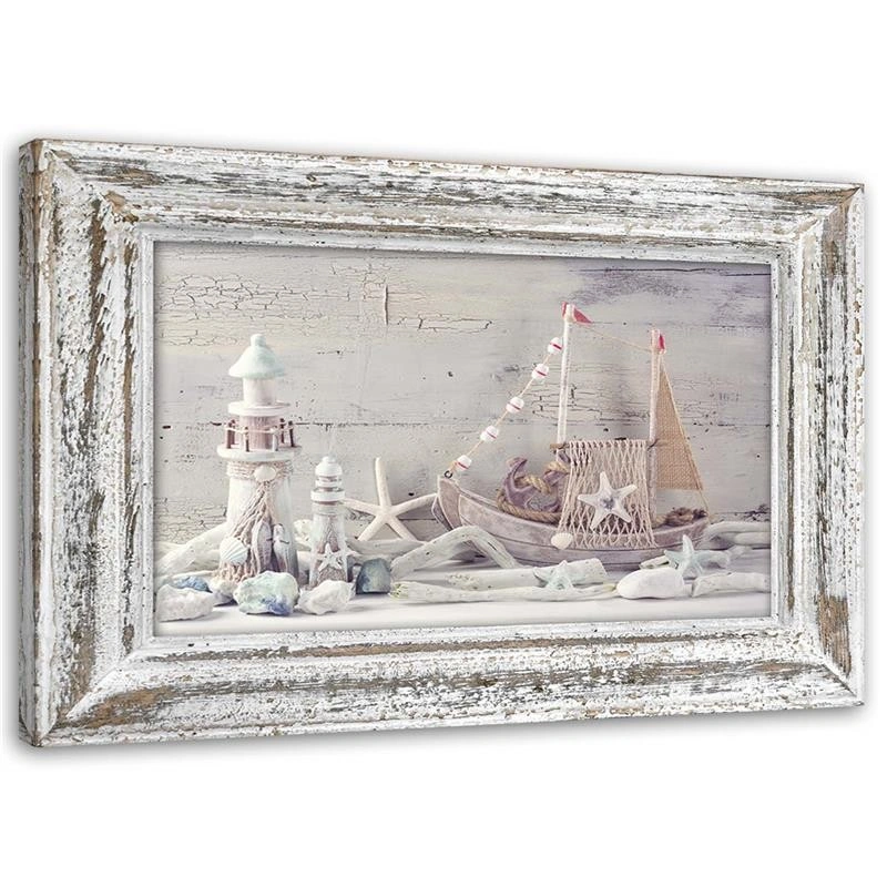 Canvas print, Seaside souvenirs in a shabby chic wooden frame