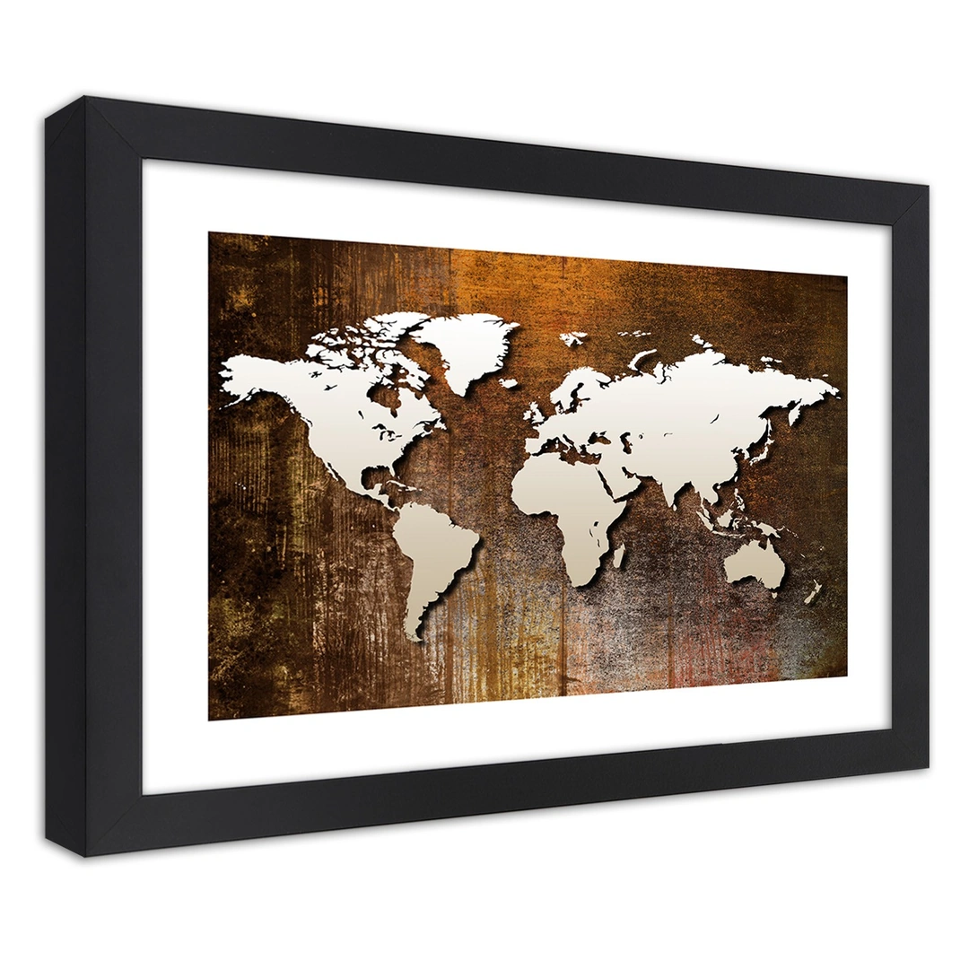 Picture in frame, World map on wood