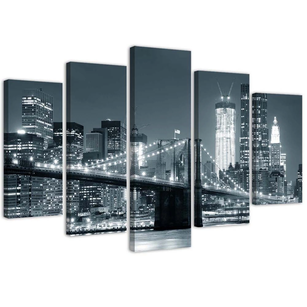 Five piece picture canvas print, Brooklyn bridge black and white