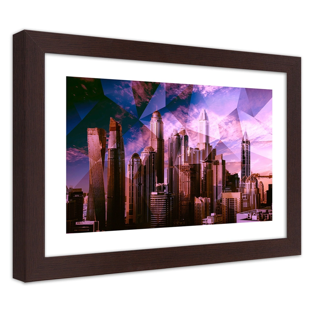 Picture in frame, Geometric city in purple
