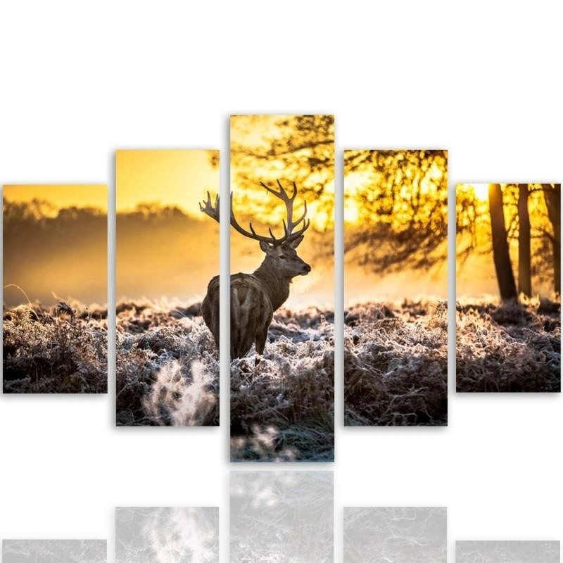 Five piece picture canvas print, Deer at sunset