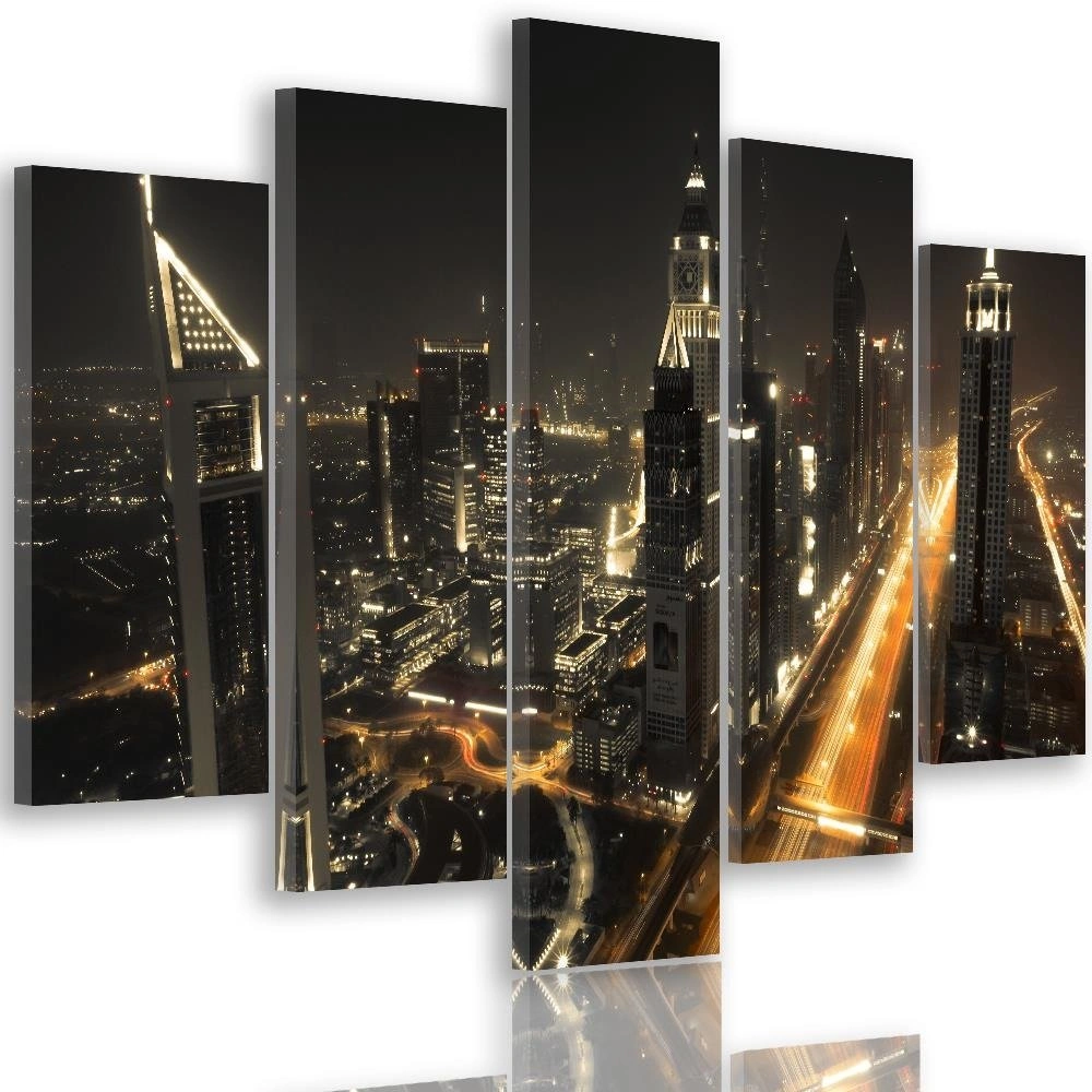 Five piece picture canvas print, Dubai skyline at night