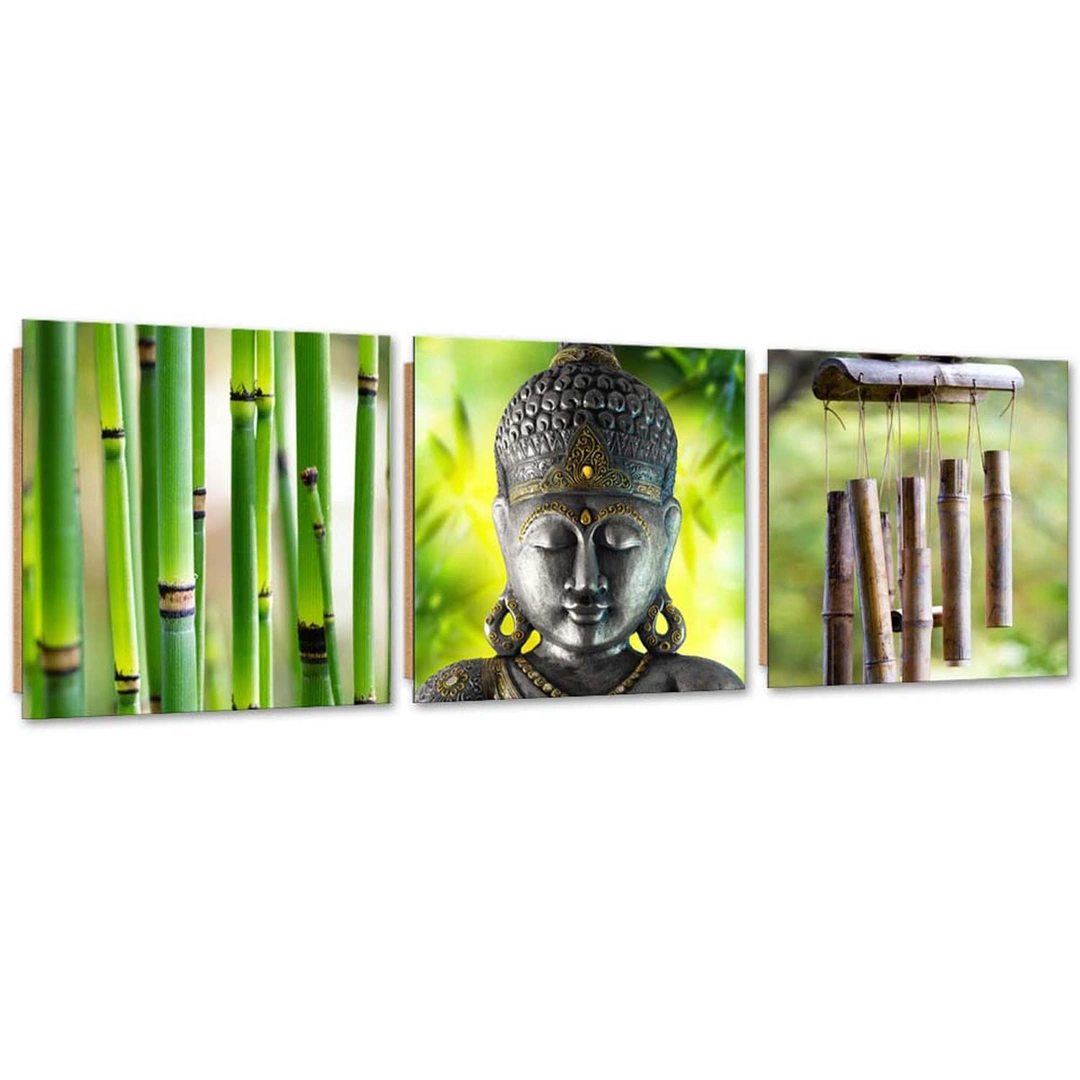 Set of three pictures deco panel, Green zen composition with buddha and bamboo