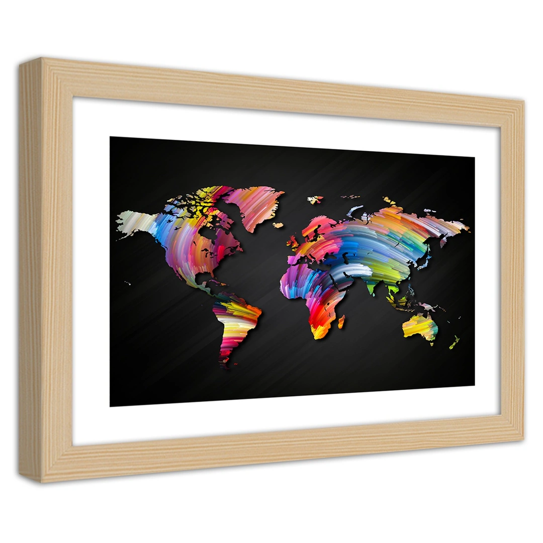 Picture in frame, World map in different colours