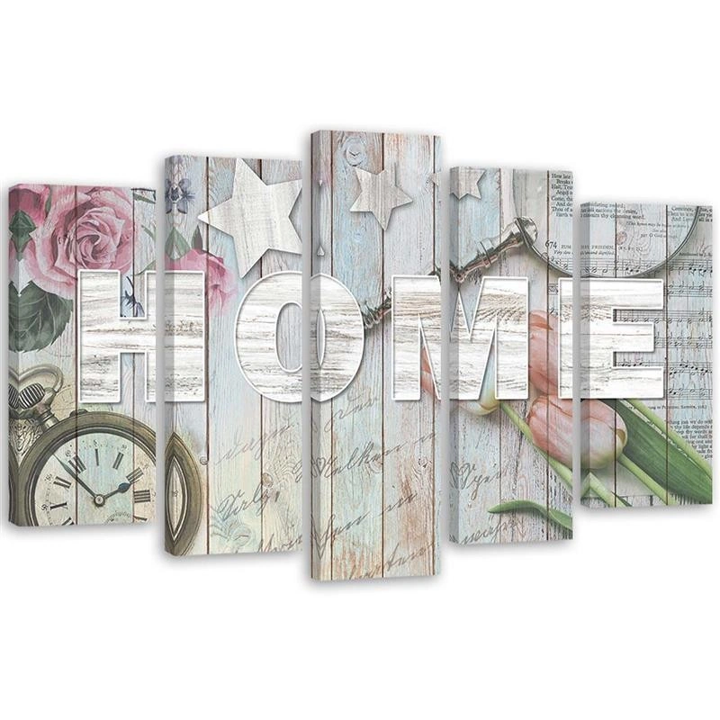 Five piece picture canvas print, Home plate in grey wood and flowers