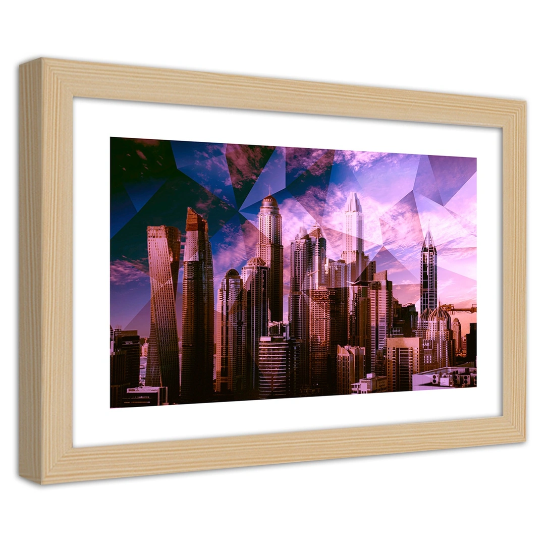 Picture in frame, Geometric city in purple