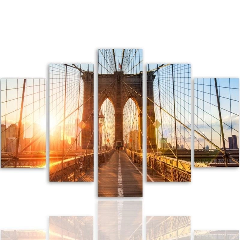 Five piece picture canvas print, Sunrise on a bridge