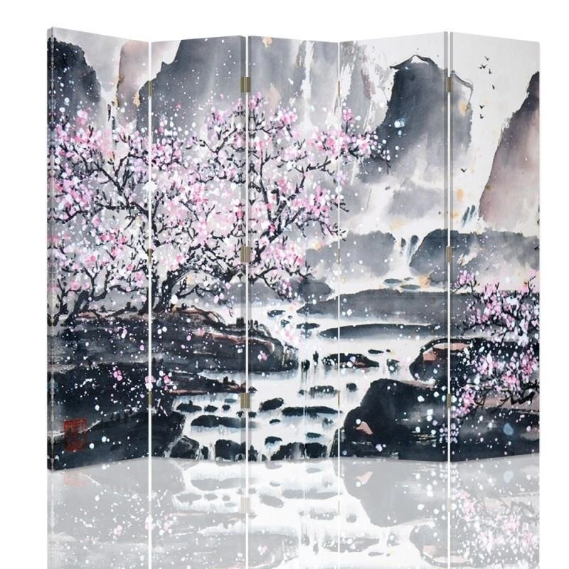 Room divider Double-sided, Cherry blossom by a waterfall