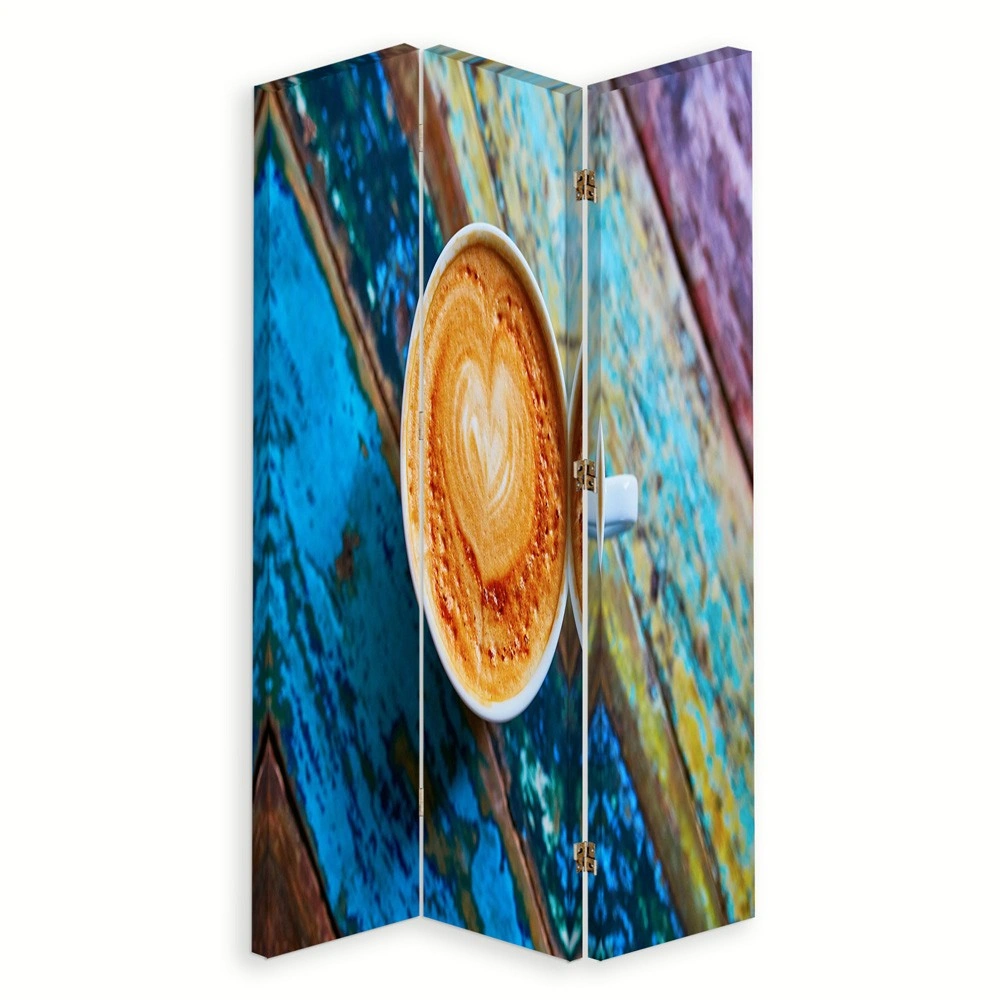 Room divider Double-sided rotatable, Coffee on a rustic table