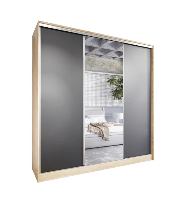 Corina 200 Mirrored Sliding Wardrobe With Drawers Sonoma / Black 200 x 205 x 60 cm