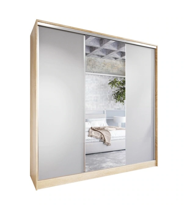 Corina 200 Mirrored Sliding Wardrobe With Drawers Sonoma / Grey 200 x 205 x 60 cm