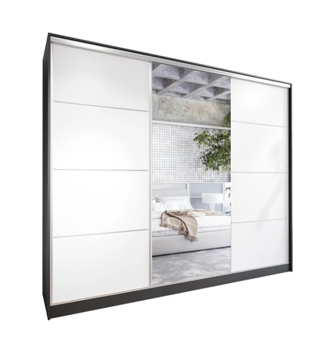 Elia 250 Mirrored Sliding Wardrobe With Drawers Black / White 250 x 205 x 60 cm