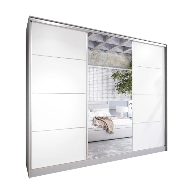 Elia 270 Mirrored Sliding Wardrobe With Drawers Grey / White 270 x 205 x 60 cm