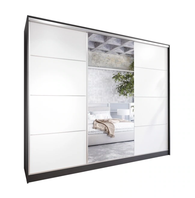 Elia 270 Mirrored Sliding Wardrobe With Drawers Black / White 270 x 205 x 60 cm