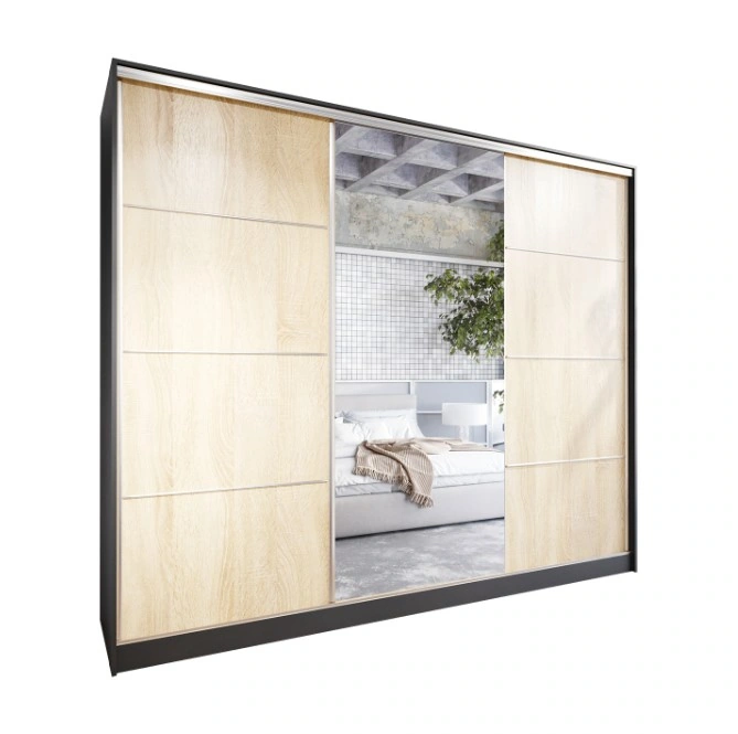 Elia 250 Mirrored Sliding Wardrobe With Drawers Black / Sonoma 250 x 205 x 60 cm