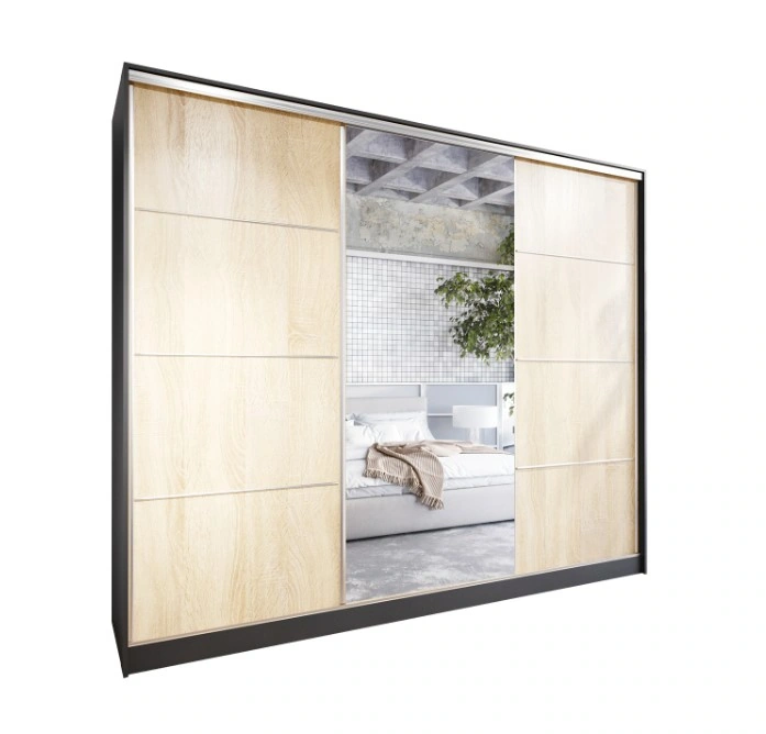 Elia 270 Mirrored Sliding Wardrobe With Drawers Black / Sonoma 270 x 205 x 60 cm