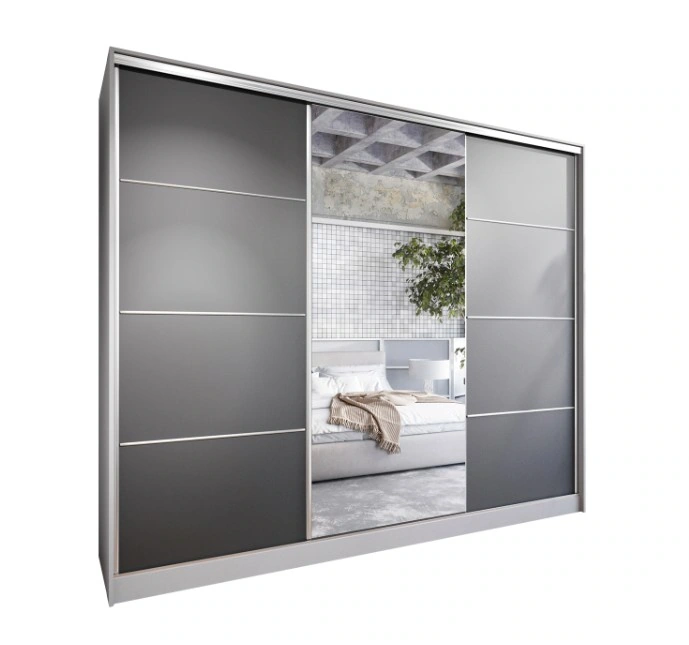 Elia 270 Mirrored Sliding Wardrobe With Drawers Grey / Black 270 x 205 x 60 cm