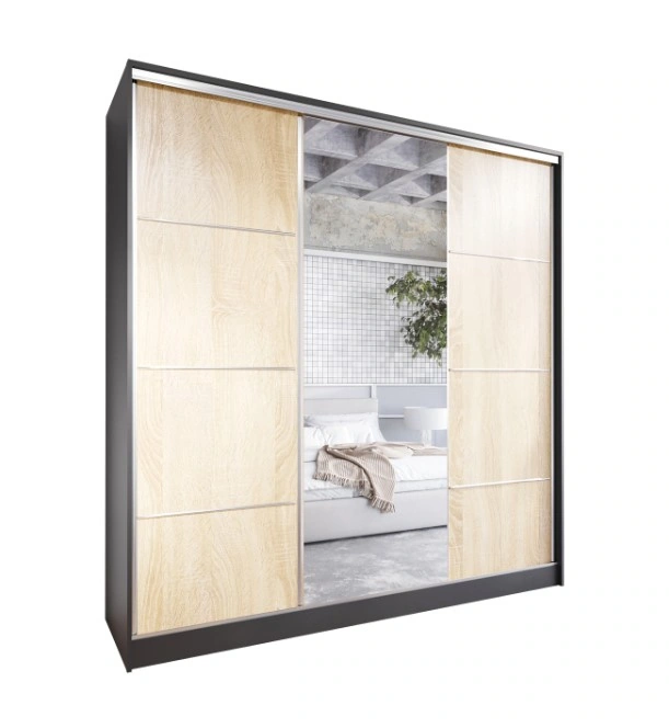 Elia 200 Mirrored Sliding Wardrobe With Drawers Black / Sonoma 200 x 205 x 60 cm