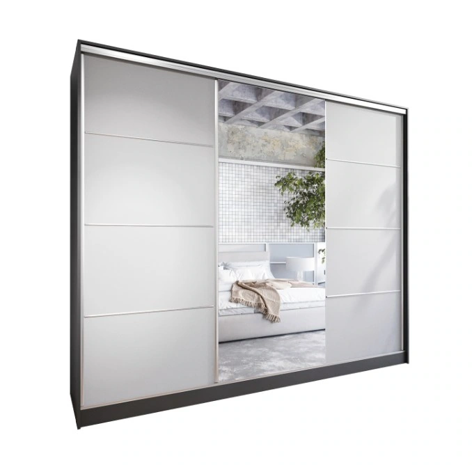 Elia 270 Mirrored Sliding Wardrobe With Drawers Black / Grey 270 x 205 x 60 cm