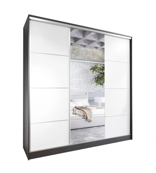 Elia 200 Mirrored Sliding Wardrobe With Drawers Black / White 200 x 205 x 60 cm